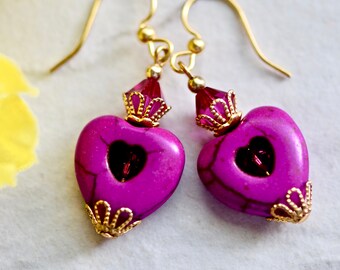 Red Violet Purple Stone Heart Crystal Gold Earrings