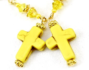 Yellow Stone Cross Crystal Gold Earrings