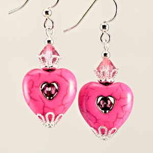 Berry Pink Stone Heart Crystal Silver Earrings