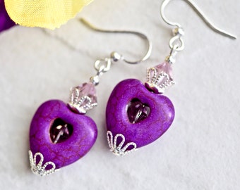 Purple Stone Heart Crystal Silver Earrings