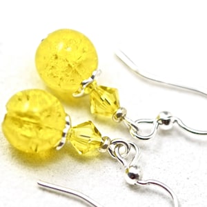 Yellow Crackle Glass Crystals Silver Earrings