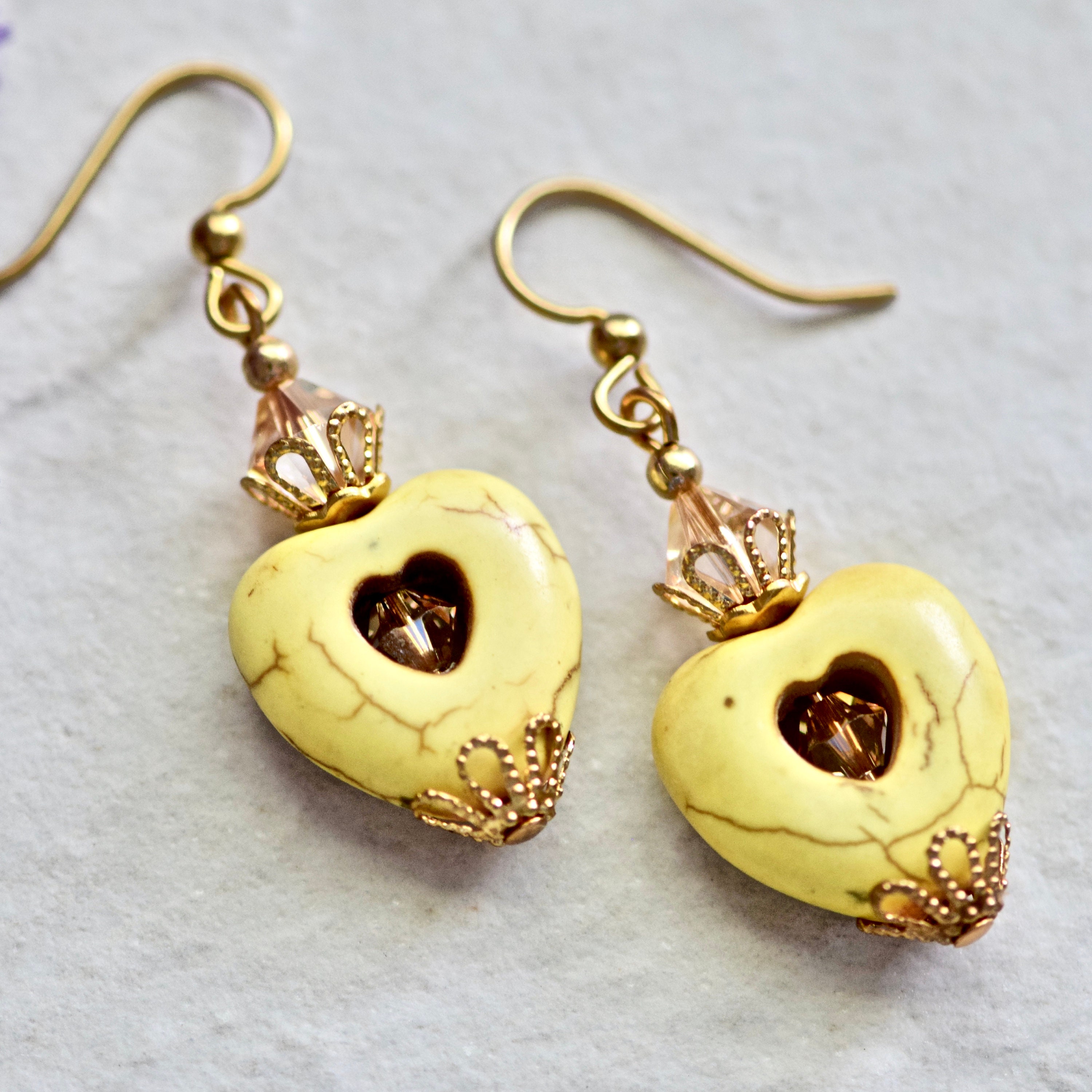 Yellow Stone Heart Crystal Gold Earrings
