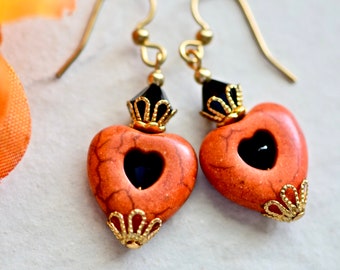 Orange Stone Heart Crystal Black Gold Earrings