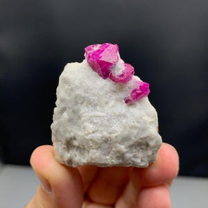 Puede incluir: Un espécimen mineral natural con vibrantes cristales de rubí rosa sobre una matriz de roca blanca. Los cristales de rubí tienen una apariencia facetada, y la roca tiene una superficie rugosa y texturizada. El espécimen se sostiene en una mano sobre un fondo oscuro.