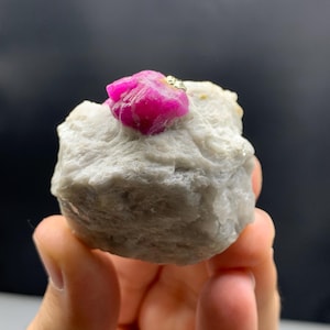 以下が含まれることがあります： 鮮やかなピンク色のルビーの結晶が埋め込まれた、ざらざらとした薄い灰色の岩。 ルビーが中心で、自然な未研磨の形を示しています。 暗い背景を背景に、手で岩を持っています。