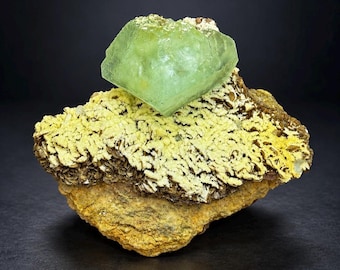 Könnte beinhalten: Ein Mineralexemplar mit einem durchscheinenden, hellgrünen, würfelförmigen Kristall auf einer strukturierten, gelben Matrix. Die Basis besteht aus einer rauen, erdbraunen Gesteinsschicht, die von einer dichten, gelben Kristallformation bedeckt ist.