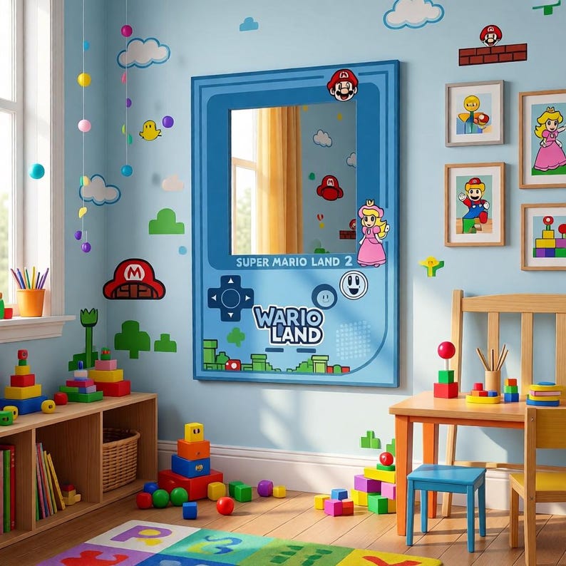 A blue mirror with a Super Mario Land 2 design, featuring a princess and other game characters. The mirror is surrounded by framed artwork and colorful toys, creating a playful atmosphere. The room is decorated with cloud and character decals.