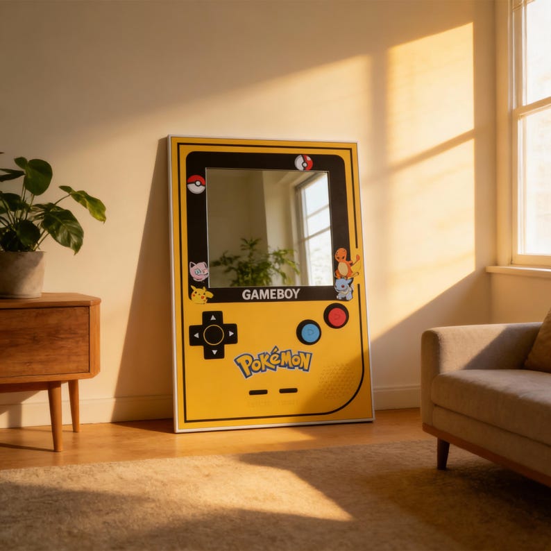 Yellow and red retro gaming console wall mirror for bedroom decor