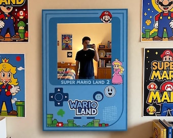 Miroir de console portable rétro, décoration de jeu pixel art Wario, oeuvre d'art murale fabriquée à la main