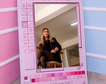 Espejo de pintura rosa, espejo retro inspirado en pintura, espejo pixelado hecho a mano, espejo pixelado rosa, espejo pintado, espejo rosa, decoración estética