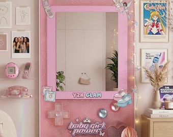 Rosa Y2K Gameboy Spiegel Kawaii Gamer Mädchen Zimmer Dekor Retro 90er Jahre Taschenspiegel Wand Kunst Ästhetischer Glitter Kosmetikspiegel Coquette Raumdekor