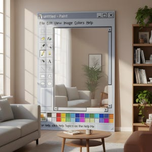 May include: A large mirror designed to resemble a Windows Paint window. The mirror has a white frame with a toolbar on the left and a color palette at the bottom. The text "untitled - Paint" is at the top. The mirror reflects a living room.