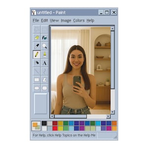 May include: A digital artwork showing a woman holding a phone, framed within a retro Windows Paint application window. The interface includes a menu bar, tool icons, and a colour palette. The text "untitled - Paint" is visible at the top.