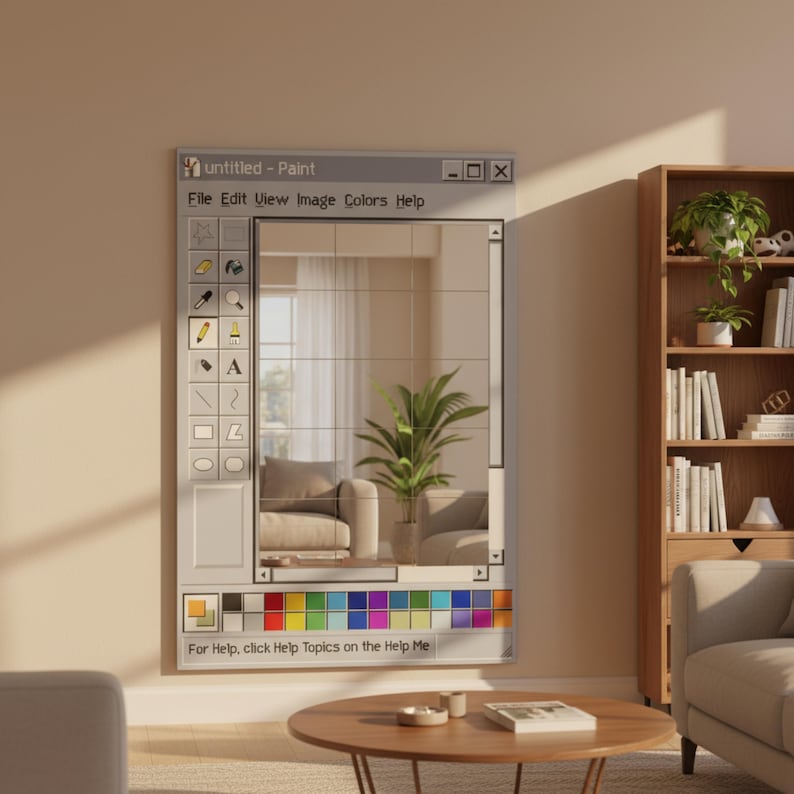 May include: A rectangular mirror designed to resemble the classic Windows Paint application. The mirror features a grid pattern and a color palette at the bottom. The text "untitled - Paint" is at the top, with "For Help, click Help Topics on the Help Me" at the bottom.