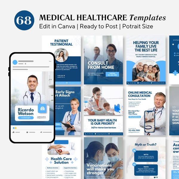 Healthcare Medical Social Media Templates, Hospital, Doctor Instagram Posts, Clinic Branding Kit, Medical Instagram, Canva Health Templates