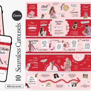Könnte beinhalten: Eine digitale Marketinggrafik mit dem Text "10 Seamless Carousels" und "Canva". Das Design zeigt rosa und weiße Elemente, darunter Mockups von Telefonbildschirmen mit Social-Media-Posts. Die Beiträge enthalten Texte wie "Content formula" und "Social Media Hacks".