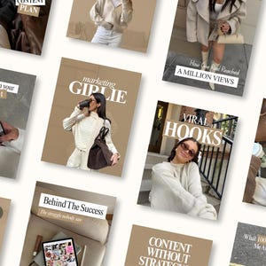 May include: A collection of social media marketing templates featuring neutral beige backgrounds, white serif typography, and lifestyle imagery. Text overlays include phrases like How to plan your Content, marketing GIRLIE, VIRAL HOOKS, and Behind The Success.