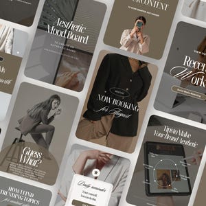 May include: A collection of social media posts with a neutral color palette. The posts feature text such as "Aesthetic Mood Board", "Recent Work", and "Now Booking for August". The overall theme is business and branding.