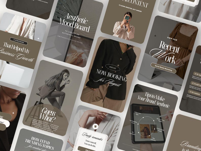May include: A collection of social media posts with a neutral color palette. The posts feature text such as "Aesthetic Mood Board", "Recent Work", and "Now Booking for August". The overall theme is business and branding.