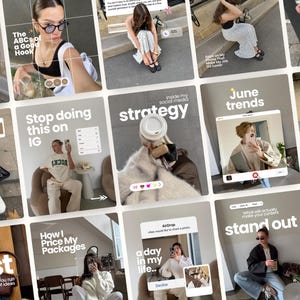 Pode incluir: Uma colagem digital de conteúdo de redes sociais apresentando várias fotografias de estilo de vida, sobreposições de texto e elementos de interface. A grade exibe várias imagens de pessoas com roupas casuais, xícaras de café e textos como Weekly Recap, June Trends e Strategy.