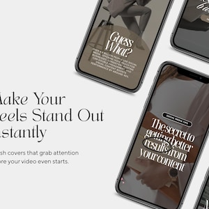 May include: A collection of smartphones displaying social media content. The screens feature text like "Guess What?" and "The secret to getting better results from your content." The phrase "Make Your Reels Stand Out Instantly" is also visible.