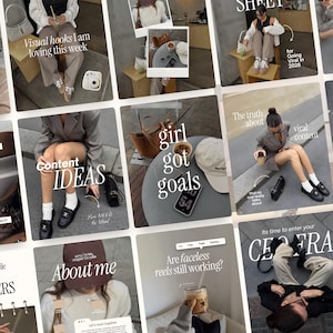 May include: A grid of social media posts featuring lifestyle photography, including images of people in neutral-toned clothing, iced coffee drinks, handbags, laptops, and text overlays such as Content IDEAS, girl got goals, and CEO ERA.
