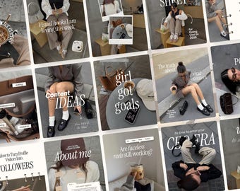 May include: A grid of social media posts featuring lifestyle photography, including images of people in neutral-toned clothing, iced coffee drinks, handbags, laptops, and text overlays such as Content IDEAS, girl got goals, and CEO ERA.