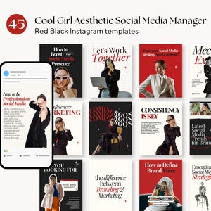 Könnte beinhalten: Eine Sammlung von 45 roten und schwarzen Instagram-Vorlagen für Social-Media-Manager. Die Vorlagen zeigen stilvolle Bilder und Texte, darunter Sätze wie "So steigern Sie Ihre Social-Media-Präsenz" und "Treffen Sie die Experten".