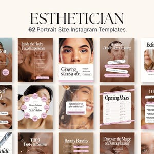 Könnte beinhalten: Eine Sammlung von 62 Instagram-Vorlagen im Hochformat für Kosmetikerinnen. Die Vorlagen zeigen Bilder und Texte zu Hautpflegethemen wie strahlende Haut, Retinol-Vorteile und Gesichtsbehandlungen. Die Farbpalette umfasst Rosa und Beige.