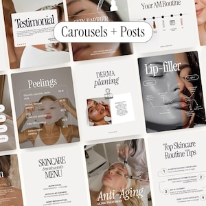 May include: A collection of social media templates for skincare services featuring various layouts with text such as Carousels + Posts, Testimonial, Derma planing, Lip-filler, and Skincare treatments menu, displayed in a grid with neutral tones.