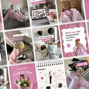 Puede incluir: Un collage de imágenes en tonos rosas con superposiciones de texto. Las imágenes incluyen un portátil, osos de peluche, un calendario y escenas de estilo de vida. El texto incluye "Content Ideas", "Trend Alert" y consejos de gestión de redes sociales.