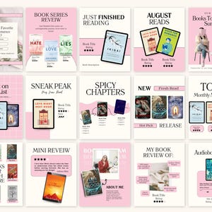 Op de afbeelding: Een verzameling roze en witte afbeeldingen die boeken promoten. De afbeeldingen bevatten boekomslagen, titels en beoordelingen. Sommige afbeeldingen bevatten de tekst "Just Finished Reading", "August Reads" en "Top 3 Monthly Must-Reads."
