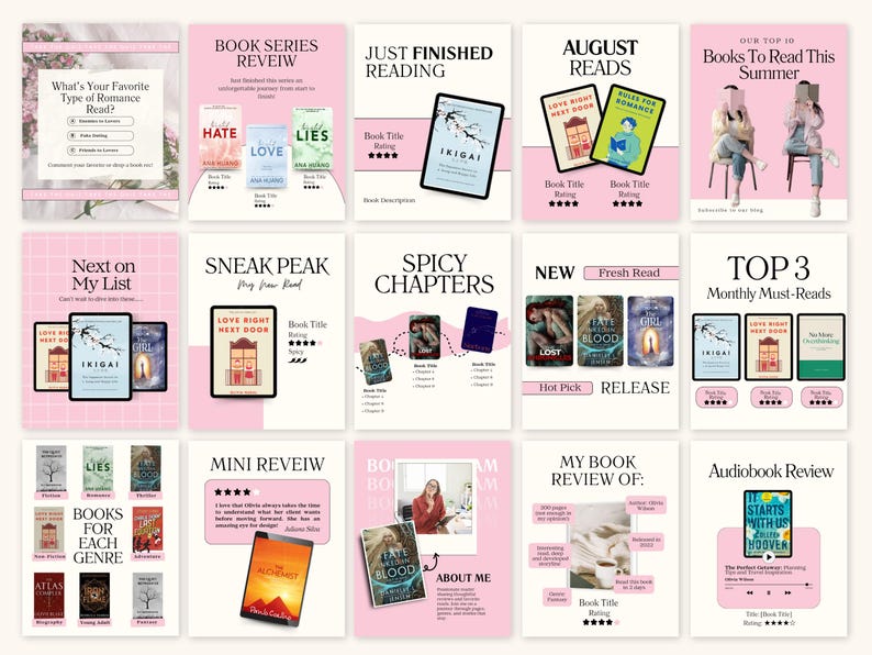Op de afbeelding: Een verzameling roze en witte afbeeldingen die boeken promoten. De afbeeldingen bevatten boekomslagen, titels en beoordelingen. Sommige afbeeldingen bevatten de tekst "Just Finished Reading", "August Reads" en "Top 3 Monthly Must-Reads."