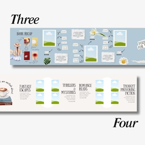 K&ouml;nnte beinhalten: Zwei illustrierte Banner mit Text. Das obere Banner mit der Aufschrift "Three" zeigt eine Buchzusammenfassung mit Illustrationen und dem Text "Follow for More". Das untere Banner mit der Aufschrift "Four" hebt Buchgenres hervor: Fantasy, Thriller, Romantik und Nachdenkliche Fiktion.