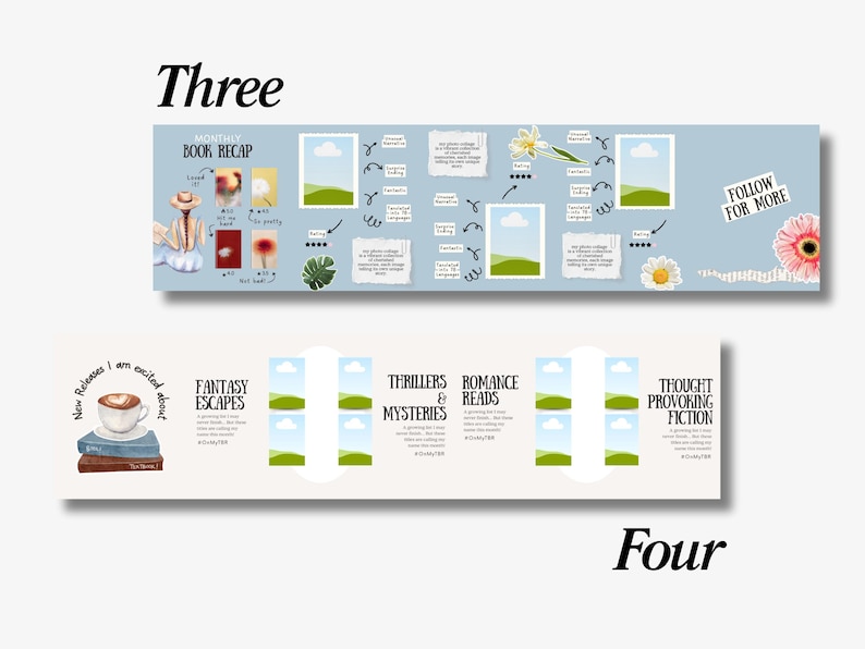 K&ouml;nnte beinhalten: Zwei illustrierte Banner mit Text. Das obere Banner mit der Aufschrift "Three" zeigt eine Buchzusammenfassung mit Illustrationen und dem Text "Follow for More". Das untere Banner mit der Aufschrift "Four" hebt Buchgenres hervor: Fantasy, Thriller, Romantik und Nachdenkliche Fiktion.