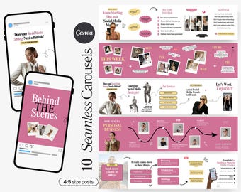 May include: A digital marketing template set for social media, featuring a pink and white design. The set includes 10 seamless carousel posts in a 4:5 size, with text such as "Behind the Scenes" and "Does your Social Media Strategy Need a Refresh?"