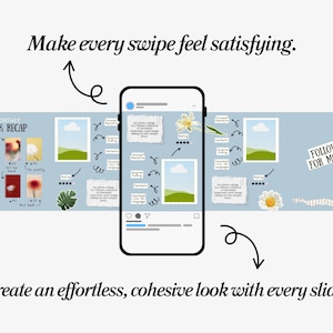 K&ouml;nnte beinhalten: Ein Smartphone-Mockup mit einer Social-Media-Oberfl&auml;che, umgeben von Illustrationen und Text. Der Text lautet &bdquo;Machen Sie jedes Wischen zu einem befriedigenden Erlebnis&ldquo; und &bdquo;Schaffen Sie mit jeder Folie einen m&uuml;helosen, zusammenh&auml;ngenden Look&ldquo;.