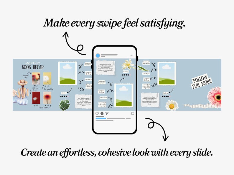 K&ouml;nnte beinhalten: Ein Smartphone-Mockup mit einer Social-Media-Oberfl&auml;che, umgeben von Illustrationen und Text. Der Text lautet &bdquo;Machen Sie jedes Wischen zu einem befriedigenden Erlebnis&ldquo; und &bdquo;Schaffen Sie mit jeder Folie einen m&uuml;helosen, zusammenh&auml;ngenden Look&ldquo;.