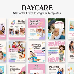 Pode incluir: Um conjunto de 50 modelos Instagram em formato retrato para serviços de creche. Os modelos apresentam designs coloridos com imagens de crianças, funcionários e atividades educacionais. O texto inclui "Daycare", "Daily Adventures" e "Exciting Art Class for Kids!"