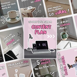 May include: A collection of pink and white Instagram post templates with text overlays. One template features a laptop, phone, and lamp. Other templates include text like "30-Day Instagram Content Plan" and "Go Viral!"
