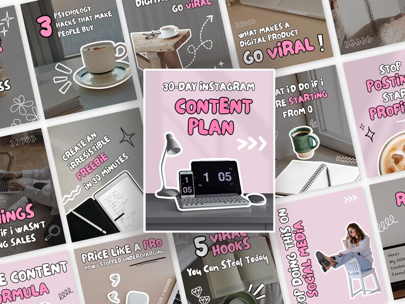 May include: A collection of pink and white Instagram post templates with text overlays. One template features a laptop, phone, and lamp. Other templates include text like "30-Day Instagram Content Plan" and "Go Viral!"
