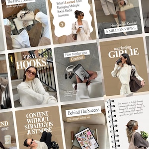 May include: A grid of twelve social media post images featuring a neutral color palette of beige, white, and brown. The images display lifestyle content, including coffee, fashion, and text overlays with marketing advice and motivational quotes.