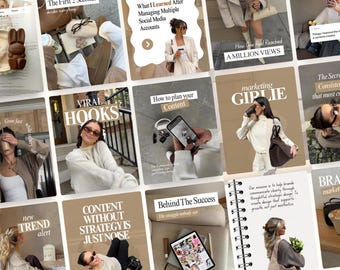 May include: A grid of twelve social media post images featuring a neutral color palette of beige, white, and brown. The images display lifestyle content, including coffee, fashion, and text overlays with marketing advice and motivational quotes.