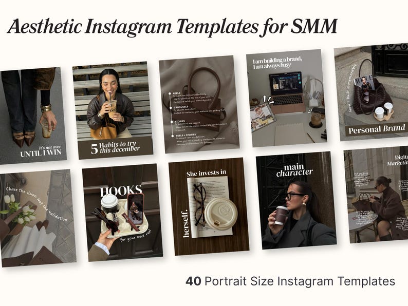 May include: Aesthetic Instagram templates for social media marketing. The image displays a collection of templates with text overlays, including phrases like "Until I Win" and "5 Habits to try this December." The templates are in a portrait orientation.