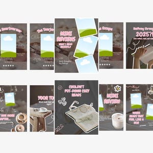 May include: A collection of digital graphics with pink text and illustrations. The graphics include book reviews, with titles like "The Heartwarmer" and "Mini Reviews." Some graphics feature images of books, coffee, and candles.