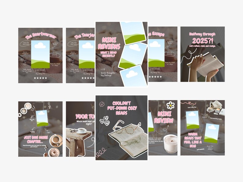 May include: A collection of digital graphics with pink text and illustrations. The graphics include book reviews, with titles like "The Heartwarmer" and "Mini Reviews." Some graphics feature images of books, coffee, and candles.