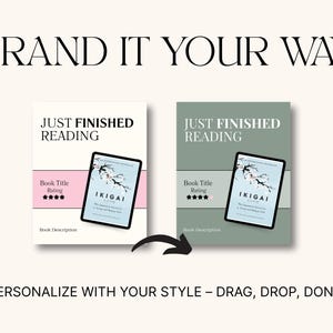 Op de afbeelding: Afbeelding toont twee mock-boekcovers met de tekst 'JUST FINISHED READING'. Elke cover toont een tablet met de boektitel 'IKIGAI'. De covers zijn wit en saliegroen, met een zwarte pijl die van de witte cover naar de groene wijst. De tekst 'BRAND IT YOUR WAY' staat bovenaan.