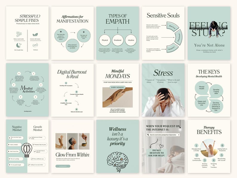May include: A collection of informational posters with a light teal and white color scheme. The posters cover topics such as stress management, manifestation, empathy, and mental health. Each poster features text and simple illustrations.