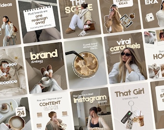 Plantillas de Instagram con estética neutra, plantillas de Canva modernas y de moda inspiradas en Pinterest, en color beige, ideales para contenido generado por el usuario, creadores de contenido, coaches de redes sociales e influencers.