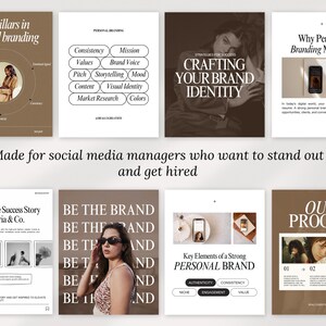 Op de afbeelding: Een verzameling van acht marketing- en brandinggidsen met tekst en afbeeldingen. De gidsen behandelen onderwerpen als personal branding, merkidentiteit en social media management. Het kleurenschema is voornamelijk bruin en wit.